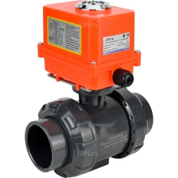 Кран шаровой BV4242E-FP-GRM-ISO Дн32 Ру10 полнопроходной, клеевой с разборным муфтовым соединением, корпус - НПВХ, шар - НПВХ, уплотнение - EPDM, с электроприводом QT-N-003EM-O1-220VAC-У1 MINI