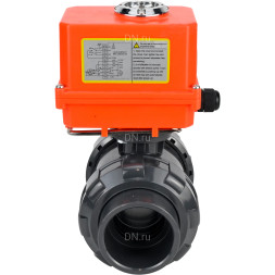 Кран шаровой BV4242E-FP-GRM-ISO Дн32 Ру10 полнопроходной, клеевой с разборным муфтовым соединением, корпус - НПВХ, шар - НПВХ, уплотнение - EPDM, с электроприводом QT-N-003EM-O1-220VAC-У1 MINI