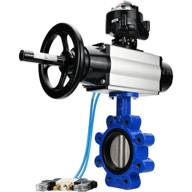 Затвор дисковый поворотный WBV1631E-2W-Fb-H Ду150 Ру16 LUG корпус - чугун QT450, диск - нержавеющая сталь 304, уплотнение - EPDM, с пневмоприводом PA-DA-105-1, пневмораспределителем 4V320-10 AC220V и БКВ APL-510N EX в Омске