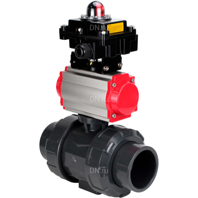 Кран шаровой BV4242E-FP-GRM-ISO Дн65 Ру10 полнопроходной, корпус - НПВХ, шар - НПВХ, уплотнение - EPDM, с пневмоприводом PA-SA-065, пневмораспределителем 4M310-08 DC24V и БКВ APL-410N EX в Омске
