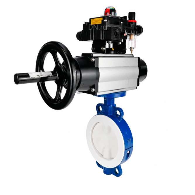 Затвор дисковый поворотный WBV3434Pf-2W-Fb-R Ду150 Ру16, корпус - угл. сталь WCB, диск - угл. сталь WCB, футерованный PTFE, уплотнение - PTFE, с пневмоприводом PA-DA-105-1, пневмораспределителем 4M310-08 DC24V, БКВ APL-410N EX и БПВ AFC2000 в Омске