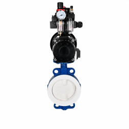 Затвор дисковый поворотный WBV3434Pf-2W-Fb-R Ду150 Ру16, корпус - угл. сталь WCB, диск - угл. сталь WCB, футерованный PTFE, уплотнение - PTFE, с пневмоприводом PA-DA-105-1, пневмораспределителем 4M310-08 DC24V, БКВ APL-410N EX и БПВ AFC2000