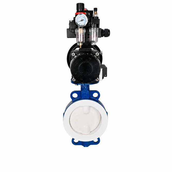 Затвор дисковый поворотный WBV3434Pf-2W-Fb-R Ду150 Ру16, корпус - угл. сталь WCB, диск - угл. сталь WCB, футерованный PTFE, уплотнение - PTFE, с пневмоприводом PA-DA-105-1, пневмораспределителем 4M310-08 DC24V, БКВ APL-410N EX и БПВ AFC2000 в Омске