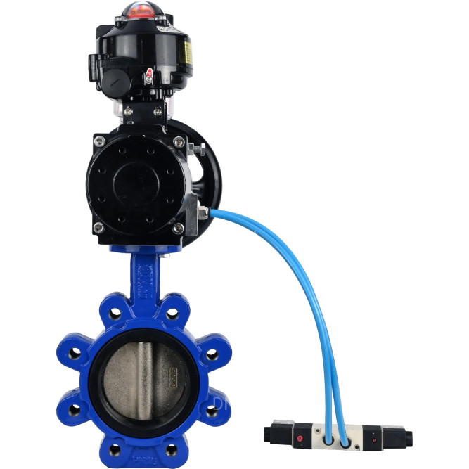 Затвор дисковый поворотный WBV1616E-2W-Fb-H Ду125 Ру16 LUG корпус - чугун QT450, диск - чугун QT450, уплотнение - EPDM, с пневмоприводом PA-DA-105-1, пневмораспределителем 4V320-08 AC220V, БКВ APL-510N EX и БПВ AFC2000 в Омске