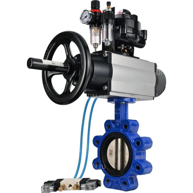Затвор дисковый поворотный WBV1616E-2W-Fb-H Ду125 Ру16 LUG корпус - чугун QT450, диск - чугун QT450, уплотнение - EPDM, с пневмоприводом PA-DA-105-1, пневмораспределителем 4V320-08 AC220V, БКВ APL-510N EX и БПВ AFC2000 в Омске