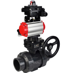 Кран шаровой BV4242E-FP-GRM-ISO Дн32 Ру10 полнопроходной, корпус - НПВХ, шар - НПВХ, уплотнение - EPDM, с пневмоприводом PA-DA-052, пневмораспределителем 4M310-08 DC24V, ручным дублером MON1-250-T26-ISO и БКВ APL-410N EX