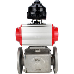 Кран шаровой BV3232P(4pc)-FP-3WL-F Ду32 Ру16 полнопроходной трехходовой, фланцевый, корпус - нержавеющая сталь SS316, с пневмоприводом PA-SA-083 с возвратными пружинами, пневмораспределителем 4M310-08 DC24V и БКВ APL-510N EX