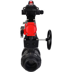 Кран шаровой BV4242E-FP-GRM-ISO Дн40 Ру10 полнопроходной, корпус - НПВХ, шар - НПВХ, уплотнение - EPDM, с пневмоприводом PA-DA-052, пневмораспределителем 4M310-08 DC24V, ручным дублером MON1-250-T26-ISO и БКВ APL-410N EX