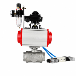 Кран шаровой BV3232P(4pc)-SP-3WL-T-ISO-H WDVF Ду65 Ру40 стандартнопроходной, 3-ходовой L-тип, внутренняя резьба, нержавеющая сталь AISI 316, PTFE, с пневмоприводом PA-DA-105, пневмораспределителем 4V320-10 AC220V, БКВ APL-210N и БПВ AFC2000
