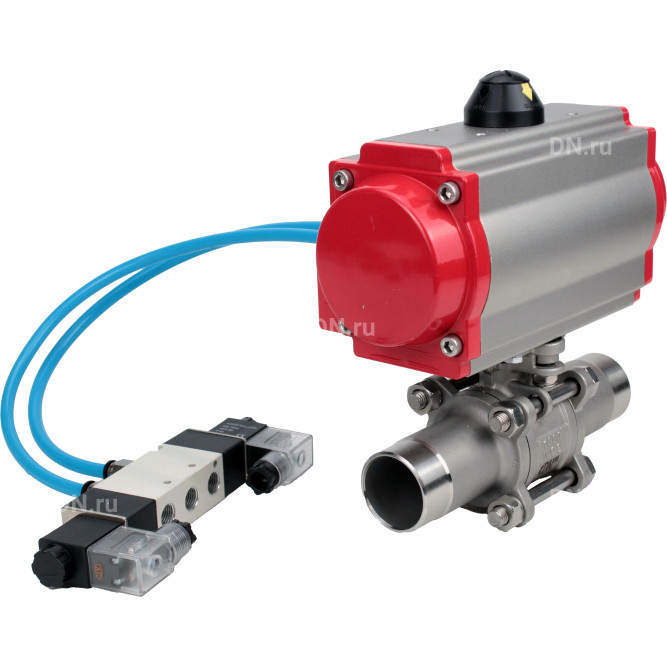 Кран шаровой BV3131P(3pc)-FP-W-ISO-H LONG Ду10 Ру63 полнопроходной, корпус - нержавеющая сталь 304, уплотнение - PTFE, под приварку, с пневмоприводом PA-SA-052 и пневмораспределителем 4V320-10 AC220V в Омске