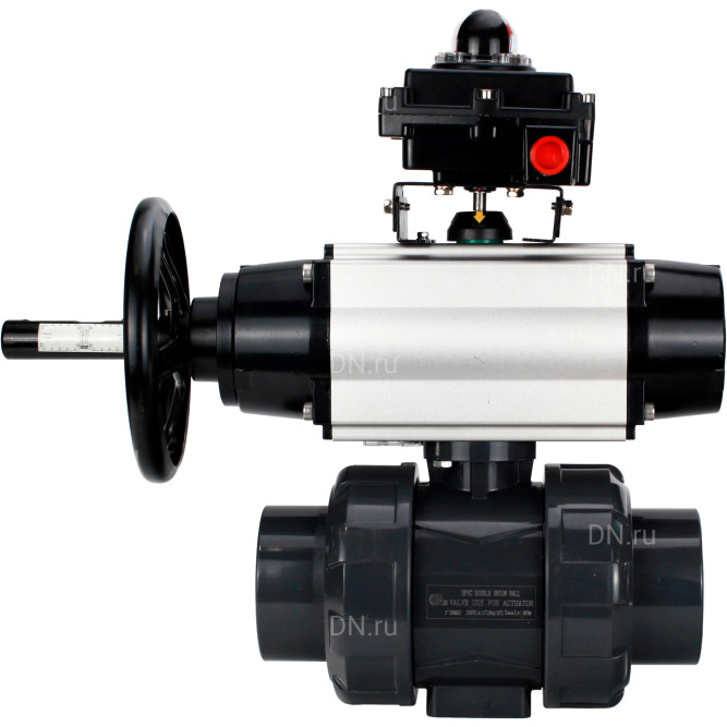 Кран шаровой BV4242E-FP-GRM-ISO Дн15 Ру10 полнопроходной, корпус - НПВХ, шар - НПВХ, уплотнение - EPDM, с пневмоприводом PA-DA-105-1, пневмораспределителем 4M310-08 DC24V и БКВ APL-410N EX в Омске