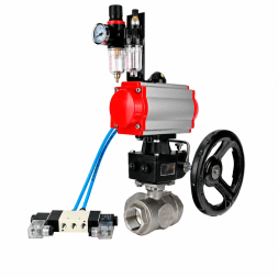 Кран шаровой BV3232P(4pc)-SP-3WL-T-ISO-H WDVF Ду32 Ру63 стандартнопроходной, 3-ходовой L-тип, внутренняя резьба, с пневмоприводом PA-DA-083, пневмораспределителем 4V320-10 AC220V, БПВ AFC2000 и ручным дублером MON1-250-T26-ISO