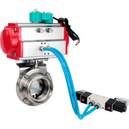 Затвор дисковый поворотный WBV3131S-2W-T-H Ду32 Ру10, резьбовой, пищевая нержавеющая сталь 304, уплотнение - Silicon, с пневмоприводом PA-SA-065, пневмораспределителем 4M320-08 AC220V и магнитным переключателем ALS200D