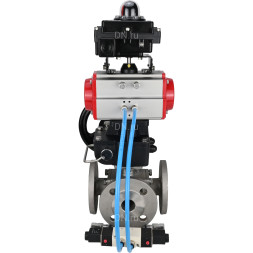 Кран шаровой BV3232P(4pc)-FP-3WL-F Ду15 Ру16 полнопроходной трехходовой, фланцевый, нержав.сталь SS316, с пневмоприводом PA-DA-052 двойн.действия, пневмораспределителем 4V320-08 AC220V, БКВ APL-410N EX и ручным дублером MON1-250-T26-ISO