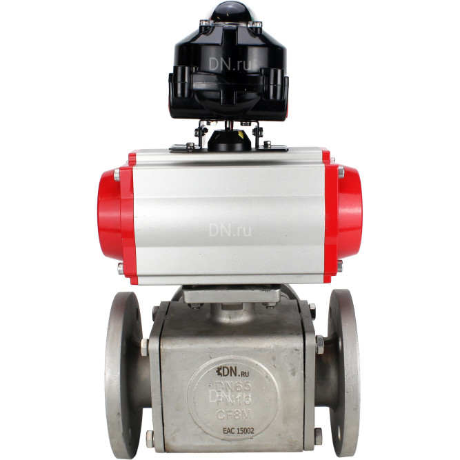 Кран шаровой BV3232P(4pc)-FP-3WL-F Ду50 Ру16 полнопроходной трехходовой, фланцевый, корпус - нержавеющая сталь SS316, с пневмоприводом PA-SA-105 с возвратными пружинами, пневмораспределителем 4M310-08 DC24V и БКВ APL-510N EX в Омске