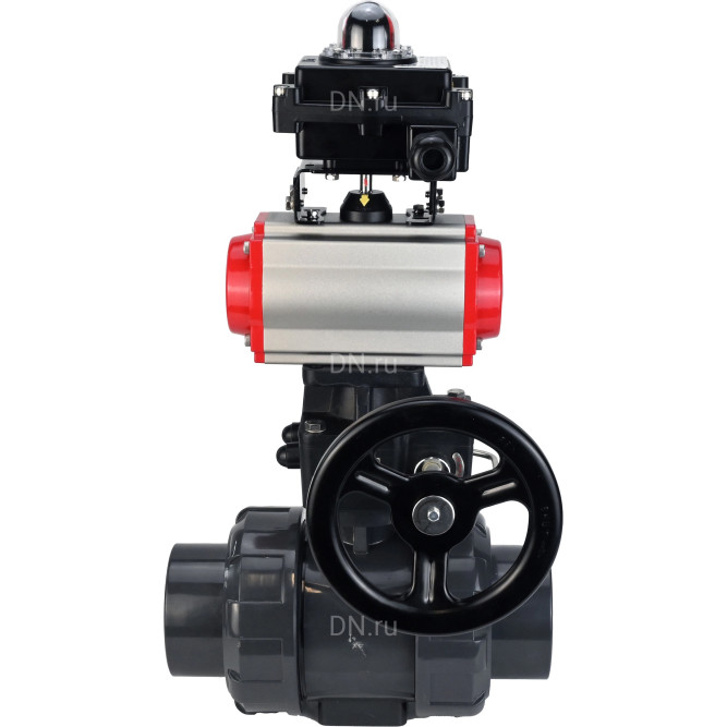 Кран шаровой BV4242E-FP-GRM-ISO Дн65 Ру10 полнопроходной, корпус - НПВХ, шар - НПВХ, уплотнение - EPDM, с пневмоприводом PA-DA-065, пневмораспределителем 4M310-08 DC24V, ручным дублером MON1-250-T26-ISO и БКВ APL-410N EX в Омске