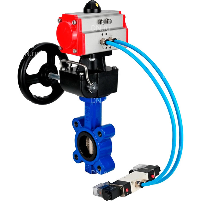 Затвор дисковый поворотный WBV1616E-2W-Fb-H Ду50 Ру16 LUG, корпус - чугун QT450, диск - чугун QT450, уплотнение - EPDM, с пневмоприводом PA-DA-065, пневмораспределителем 4M320-08 AC220V и ручным дублером MON1-250-T26-ISO в Омске