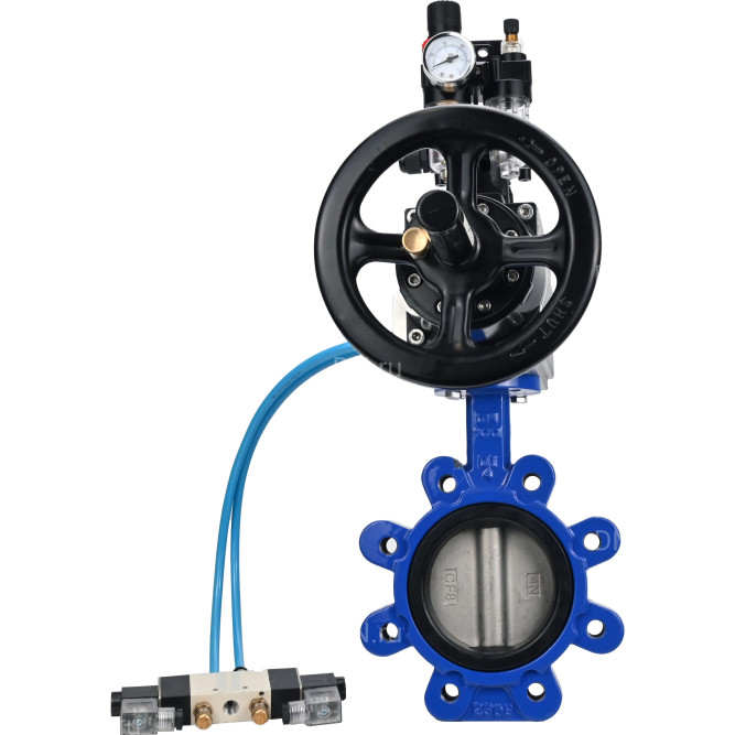 Затвор дисковый поворотный WBV1631N-2W-Fb-H Ду125 Ру16 LUG корпус - чугун QT450, диск - нержавеющая сталь 304, уплотнение - NBR, с пневмоприводом PA-DA-105-1, пневмораспределителем 4V320-08 AC220V, БКВ APL-210N и БПВ AFC2000 в Омске