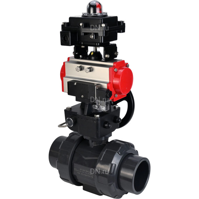 Кран шаровой BV4242E-FP-GRM-ISO Дн80 Ру10 полнопроходной, корпус - НПВХ, шар - НПВХ, уплотнение - EPDM, с пневмоприводом PA-DA-065, пневмораспределителем 4M310-08 DC24V, ручным дублером MON1-250-T26-ISO и БКВ APL-410N EX в Омске
