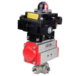 Кран шаровой BV3232P(4pc)-SP-3WL-T-ISO-H Ду10 Ру63 стандартнопроходной трехходовой L-тип, нержавеющая сталь SS316, внутренняя резьба, уплотнение - PTFE, с пневмоприводом PA-DA-52 и блоком концевых выключателей APL-410N EX