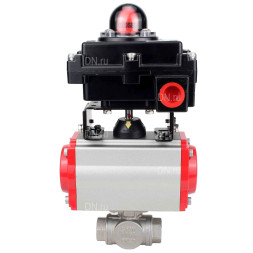 Кран шаровой BV3232P(4pc)-SP-3WL-T-ISO-H Ду10 Ру63 стандартнопроходной трехходовой L-тип, нержавеющая сталь SS316, внутренняя резьба, уплотнение - PTFE, с пневмоприводом PA-DA-52 и блоком концевых выключателей APL-410N EX