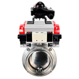 Затвор дисковый поворотный WBV3131E-2W-T-H Ду25 Ру10 резьбовой, пищевая нержавеющая сталь 304, уплотнение – EPDM, с пневмоприводом PA-DA-065, пневмораспределителем 4V320-08 AC220V и БКВ APL-210N