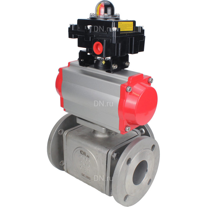 Кран шаровой BV3232P(4pc)-FP-3WL-F Ду15 Ру16 полнопроходной трехходовой, фланцевый, корпус - нержавеющая сталь SS316, с пневмоприводом PA-DA-052 двойного действия и БКВ APL-410N EX в Омске