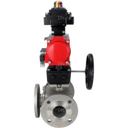 Кран шаровой BV3232P(4pc)-FP-3WL-F Ду65 Ру16 полнопроходной трехходовой, фланцевый, корпус - нержавеющая сталь SS316, с пневмоприводом PA-DA-083, пневмораспределителем 4M310-08 AC220V, БКВ APL-410N EX и ручным дублером MON2-450-T28-ISO