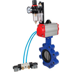 Затвор дисковый поворотный WBV1631E-2W-Fb-H Ду80 Ру16 LUG, корпус - чугун QT450, диск - нержавеющая сталь 304, уплотнение - EPDM, с пневмоприводом PA-SA-105, пневмораспределителем 4M320-08 AC220V и БПВ AFC2000