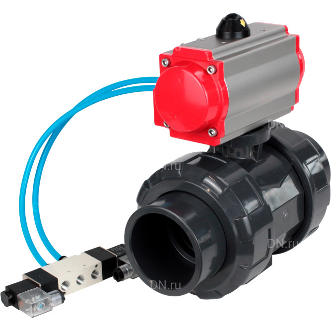 Кран шаровой BV4242E-FP-GRM-ISO Дн40 Ру10 полнопроходной, корпус - НПВХ, шар - НПВХ, уплотнение - EPDM, с пневмоприводом PA-DA-052 и пневмораспределителем 4V320-10 AC220V в Омске