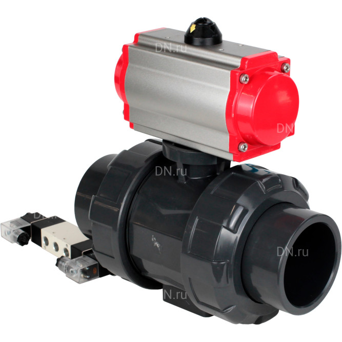 Кран шаровой BV4242E-FP-GRM-ISO Дн40 Ру10 полнопроходной, корпус - НПВХ, шар - НПВХ, уплотнение - EPDM, с пневмоприводом PA-DA-052 и пневмораспределителем 4V320-10 AC220V в Омске