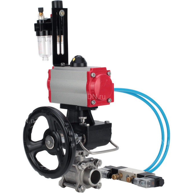 Кран шаровой BV3232P(3pc)-FP-W-ISO-H Ду50 Ру40, полнопроходной, трехсоставной, нержавеющая сталь 316, PTFE, под приварку, с пневмоприводом PA-DA-083, пневмораспределителем 4V320-10 AC220V, ручным дублером MON2-450-T28-ISO, БПВ AFC2000 в Омске