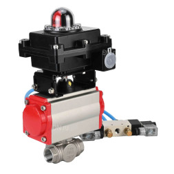 Кран шаровой BV3232P(4pc)-SP-3WL-T-ISO-H Ду40 Ру63, стандартнопроходной, четырехсоставной, корпус - нержавеющая сталь 316, уплотнение - PTFE, внутренняя резьба, с пневмоприводом PA-SA-083, пневмораспределителем 4V320-08 AC220V, БКВ APL-410N Ex