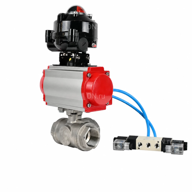 Кран шаровой BV3232P(4pc)-SP-3WL-T-ISO-H WDVF Ду40 Ру63 стандартнопроходной, 3-ходовой L-тип, внутренняя резьба, нержавеющая сталь AISI 316, PTFE, с пневмоприводом PA-DA-083, пневмораспределителем 4V320-10 AC220V и БКВ APL-510N EX в Омске