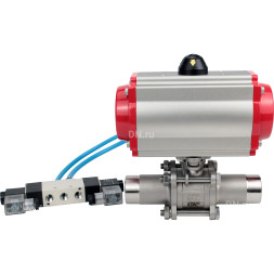 Кран шаровой BV3131P(3pc)-FP-W-ISO-H LONG Ду25 Ру63 полнопроходной, корпус - нержавеющая сталь 304, уплотнение - PTFE, под приварку, с пневмоприводом PA-SA-105 и пневмораспределителем 4V320-10 AC220V