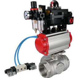 Кран шаровой BV3232P(4pc)-SP-3WL-T-ISO-H Ду40 Ру63, стандартнопроходной, четырехсоставной, нержавеющая сталь 316, PTFE, внутренняя резьба, с пневмоприводом PA-DA-065, пневмораспределителем 4V320-08 AC220V, БКВ APL-410N Ex, БПВ AFC2000