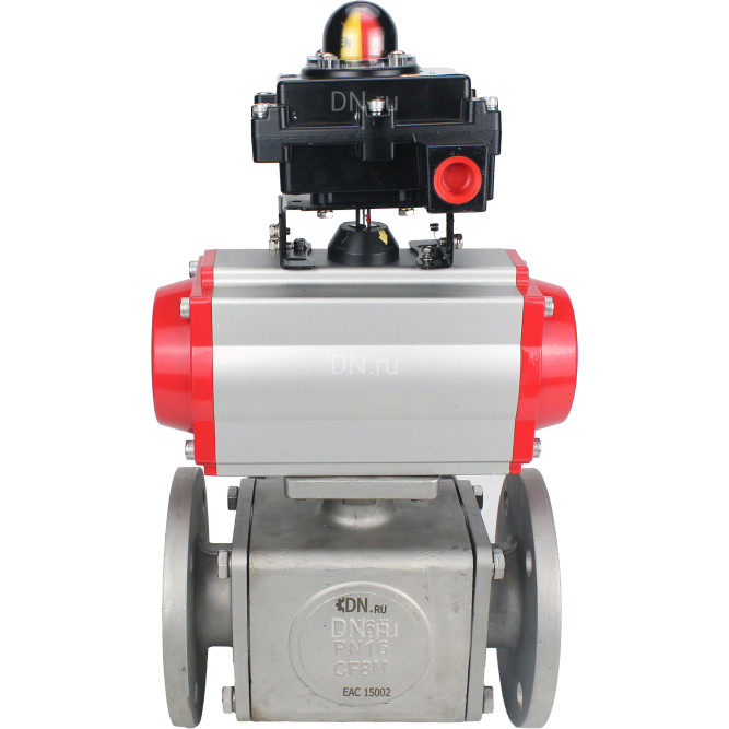 Кран шаровой BV3232P(4pc)-FP-3WL-F Ду65 Ру16 полнопроходной трехходовой, фланцевый, корпус - нержавеющая сталь SS316, с пневмоприводом PA-DA-083 двойного действия и БКВ APL-410N EX в Омске