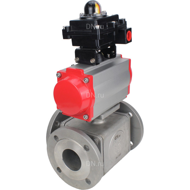 Кран шаровой BV3232P(4pc)-FP-3WL-F Ду65 Ру16 полнопроходной трехходовой, фланцевый, корпус - нержавеющая сталь SS316, с пневмоприводом PA-DA-083 двойного действия и БКВ APL-410N EX в Омске