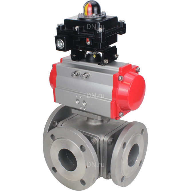 Кран шаровой BV3232P(4pc)-FP-3WL-F Ду65 Ру16 полнопроходной трехходовой, фланцевый, корпус - нержавеющая сталь SS316, с пневмоприводом PA-DA-083 двойного действия и БКВ APL-410N EX в Омске