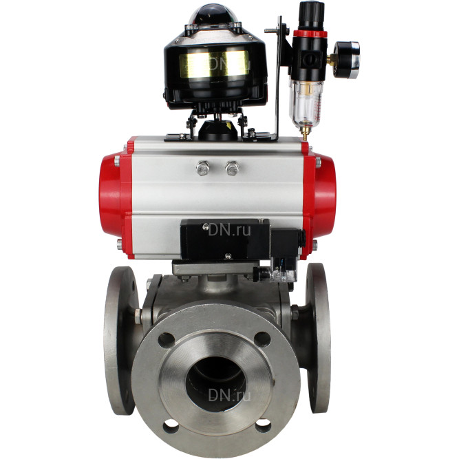 Кран шаровой BV3232P(4pc)-FP-3WL-F Ду80 Ру16 полнопроходной трехходовой, фланцевый, корпус - нержавеющая сталь SS316, с пневмоприводом PA-DA-105 двойного действия, пневмораспределителем 4M310-08 AC220V,БКВ APL-510N EX и БПВ AFC2000 в Омске