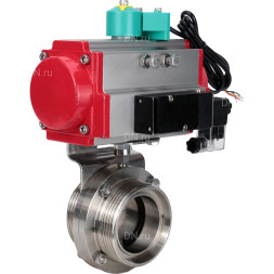 Затвор дисковый поворотный WBV3131S-2W-T-H Ду25 Ру10 резьбовой, пищевая нержавеющая сталь 304, уплотнение - Silicon, с пневмоприводом PA-DA-052, пневмораспределителем 4M310-08 AC220V и магнитным переключателем ALS200D