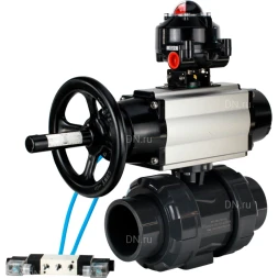 Кран шаровой BV4242E-FP-GRM-ISO Дн20 Ру10 полнопроходной, корпус - НПВХ, шар - НПВХ, уплотнение - EPDM, с пневмоприводом PA-DA-105-1, пневмораспределителем 4V320-08 AC220V и БКВ APL-510N EX