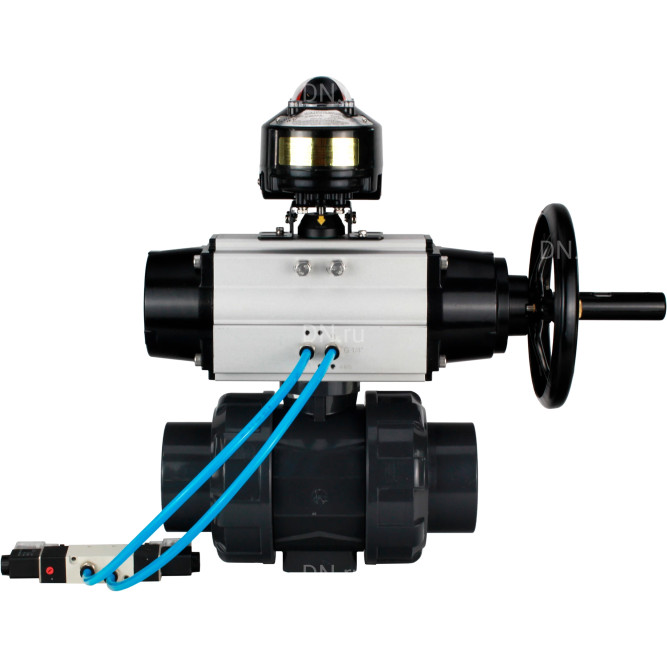 Кран шаровой BV4242E-FP-GRM-ISO Дн20 Ру10 полнопроходной, корпус - НПВХ, шар - НПВХ, уплотнение - EPDM, с пневмоприводом PA-DA-105-1, пневмораспределителем 4V320-08 AC220V и БКВ APL-510N EX в Омске