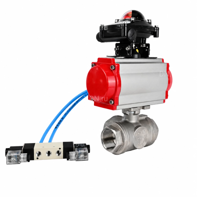Кран шаровой BV3232P(4pc)-SP-3WL-T-ISO-H WDVF Ду32 Ру63 стандартнопроходной, 3-ходовой L-тип, внутренняя резьба, нержавеющая сталь AISI 316, PTFE, с пневмоприводом PA-DA-083, пневмораспределителем 4V320-10 AC220V и БКВ APL-210N в Омске