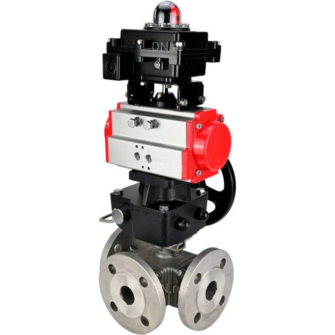 Кран шаровой BV3232P(4pc)-FP-3WL-F Ду65 Ру16 полнопроходной трехходовой, фланцевый, корпус - нержавеющая сталь SS316, с пневмоприводом PA-DA-083 двойного действия, БКВ APL-410N EX и ручным дублером MON2-450-T28-ISO в Омске