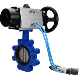 Затвор дисковый поворотный WBV1631E-2W-Fb-H Ду125 Ру16 LUG корпус - чугун QT450, диск - нержавеющая сталь 304, уплотнение - EPDM, с пневмоприводом PA-DA-105-1 и пневмораспределителем 4V320-10 AC220V
