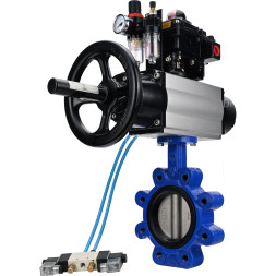 Затвор дисковый поворотный WBV1631N-2W-Fb-H Ду125 Ру16 LUG корпус - чугун QT450, диск - нержавеющая сталь 304, уплотнение - NBR, с пневмоприводом PA-DA-105-1, пневмораспределителем 4V320-10 AC220V, БКВ APL-410N EX и БПВ AFC2000