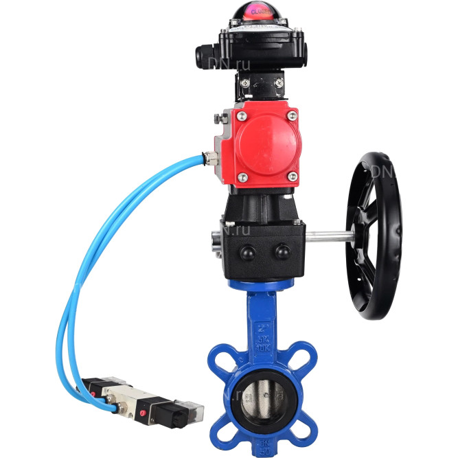 Затвор дисковый поворотный WBV1413E-2W-Fb-H Ду150 Ру16, межфланцевый, корпус - чугун GGG50, диск - чугун GGG40, уплотнение - EPDM, с пневмоприводом PA-DA-105, с пневмораспределителем 4V320-10 AC220V, БКВ APL-210N, ручным дублером MON3-700-T38-ISO в Омске