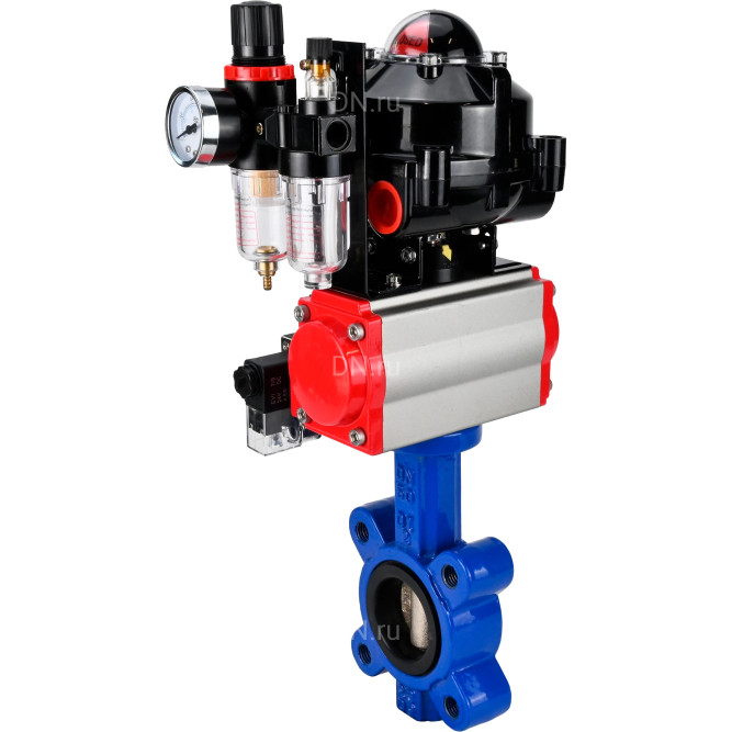Затвор дисковый поворотный WBV1616E-2W-Fb-H Ду65 Ру16 LUG корпус - чугун QT450, диск - чугун QT450, уплотнение - EPDM, с пневмоприводом PA-SA-105, пневмораспределителем 4M310-08 DC24V, БКВ APL-510N EX и БПВ AFC2000 в Омске