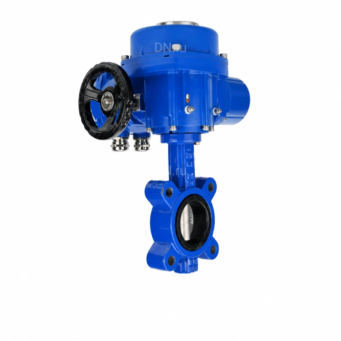 Затвор дисковый поворотный WBV1631N-2W-Fb-H Ду80 Ру16 LUG межфланцевый, корпус - чугун QT450, диск - нержавеющая сталь AISI 304, уплотнение - NBR, с электроприводом QT-N-005M-O2-380VAC-У1 с моментной муфтой и штурвалом в Омске
